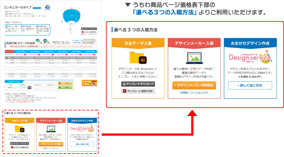 うちわ商品ページ価格表下部の「選べる3つの入稿方法」よりご利用いただけます。