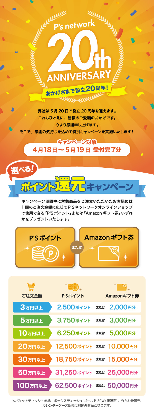 本日より20周年記念 選べる!ポイント還元キャンペーン開始！