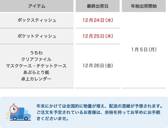 年内最終出荷日と年始出荷開始日に関するご注意
